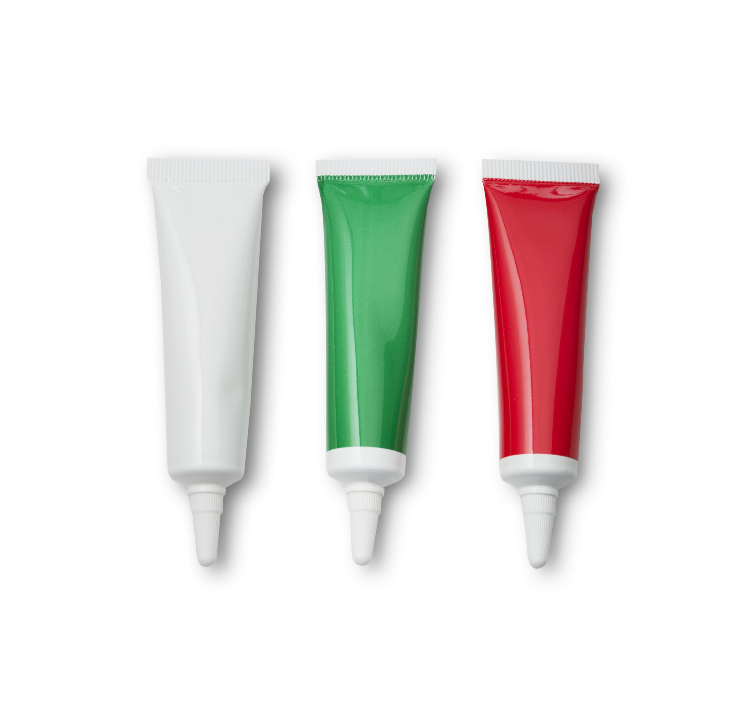 Easy baking accessories; icing tubes in red, green and white for Christmas cookies